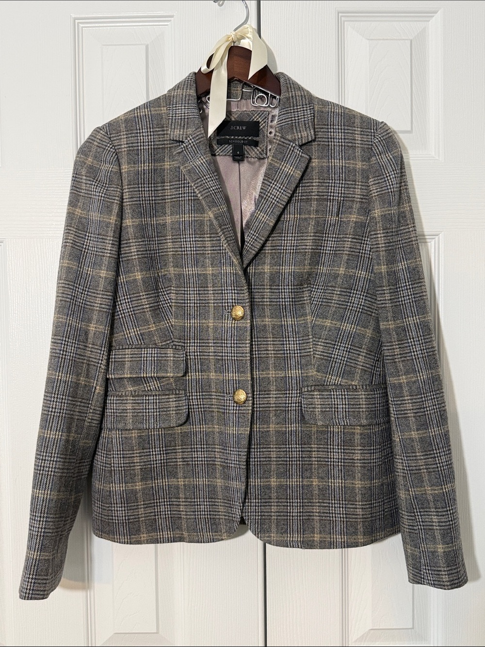 J.Crew Schoolboy Plaid Wool Blazer Women’s 6 Gold Crest Buttons Academia Preppy